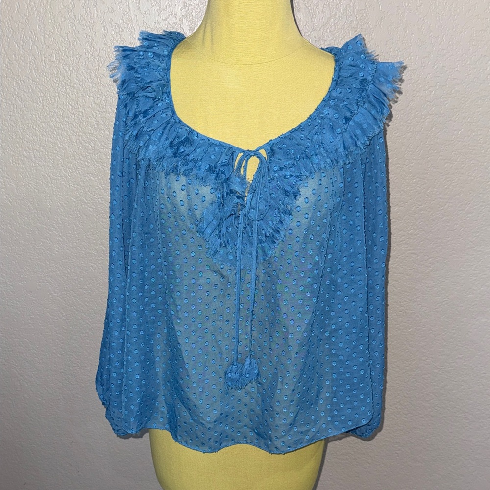 Rebecca Taylor Blue Textured Ruffle Tie-Neck Top size 4